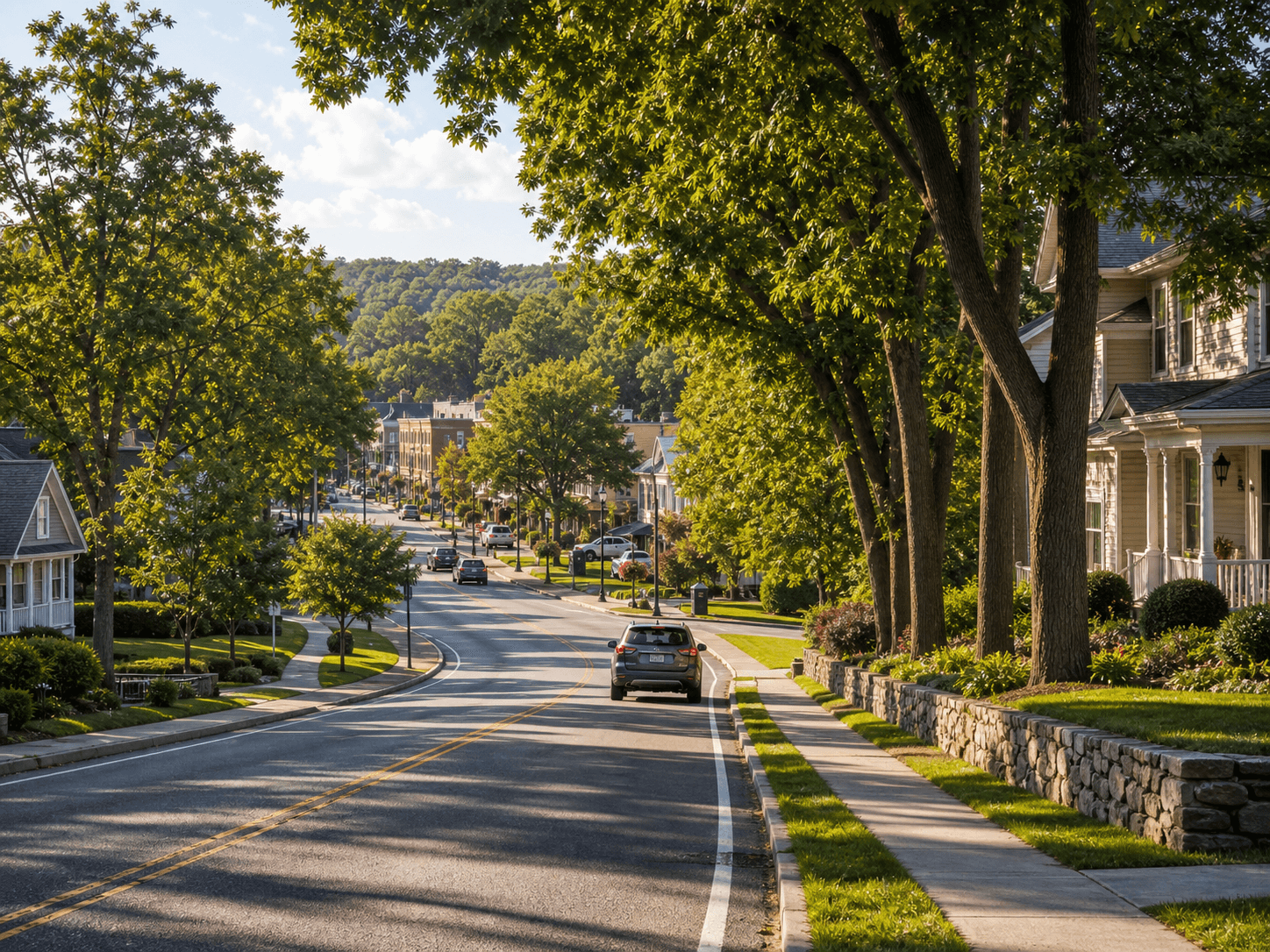 Leafy Yorktown residential street suggesting daily commute and neighborhood routines