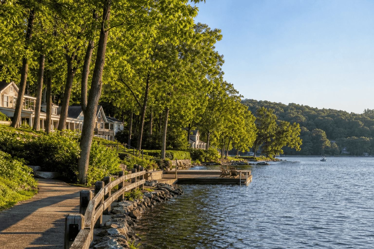 Peaceful Mohegan Lake shoreline with homes tucked behind trees