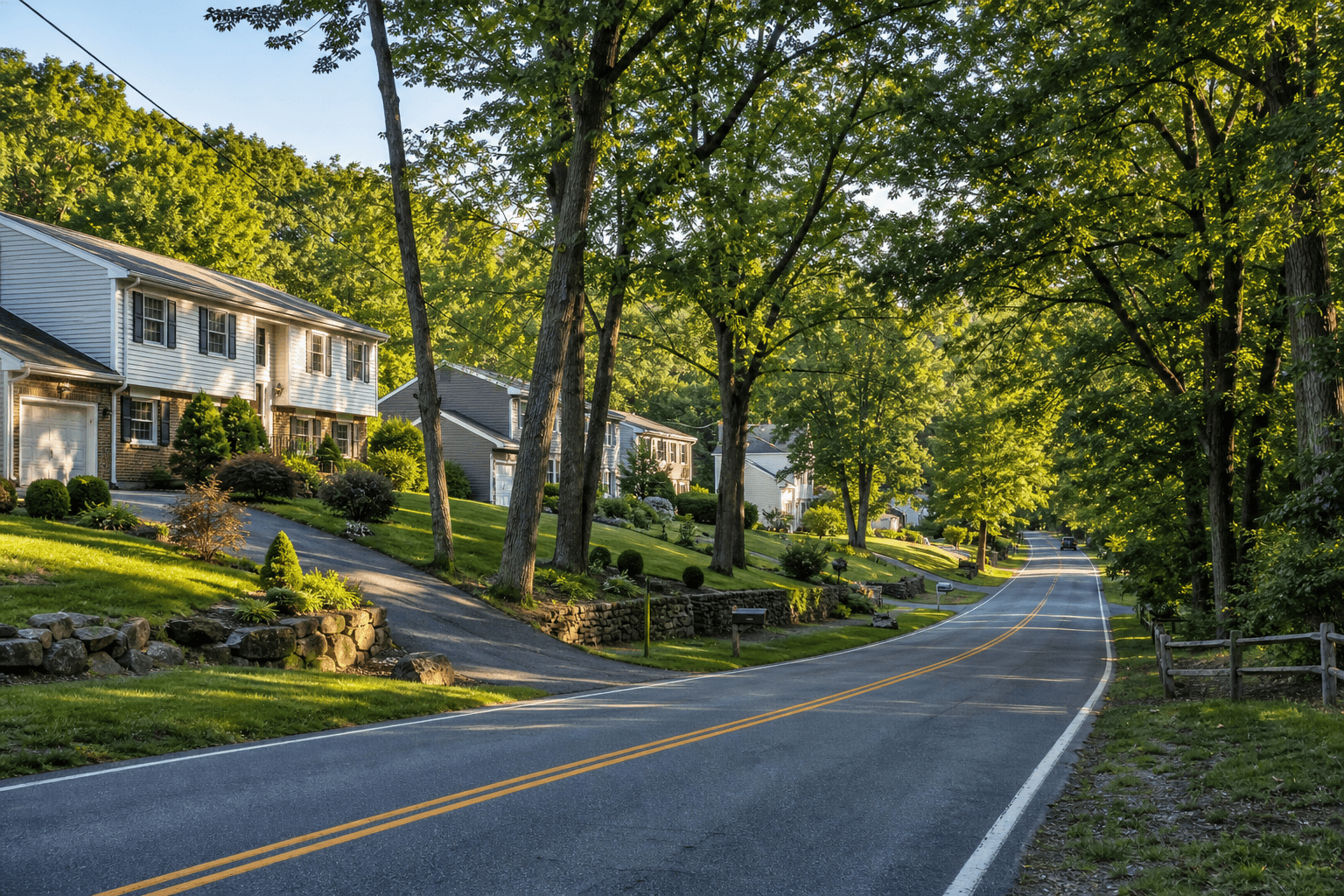 Quiet Shrub Oak residential road with mature trees and established homes