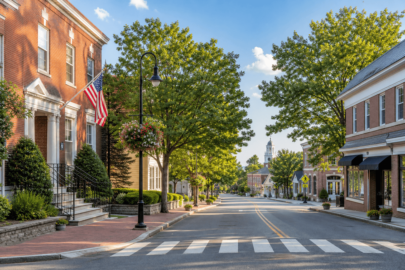 Tree-lined Yorktown Heights town-center street with civic buildings and local storefronts
