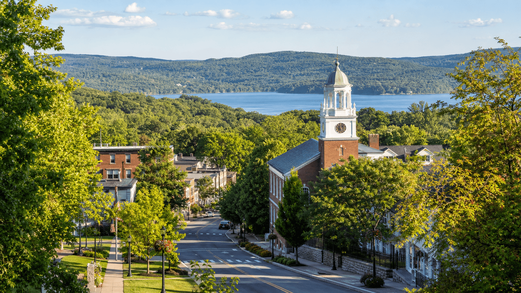 Yorktown street scene with local civic buildings, trees, and hills